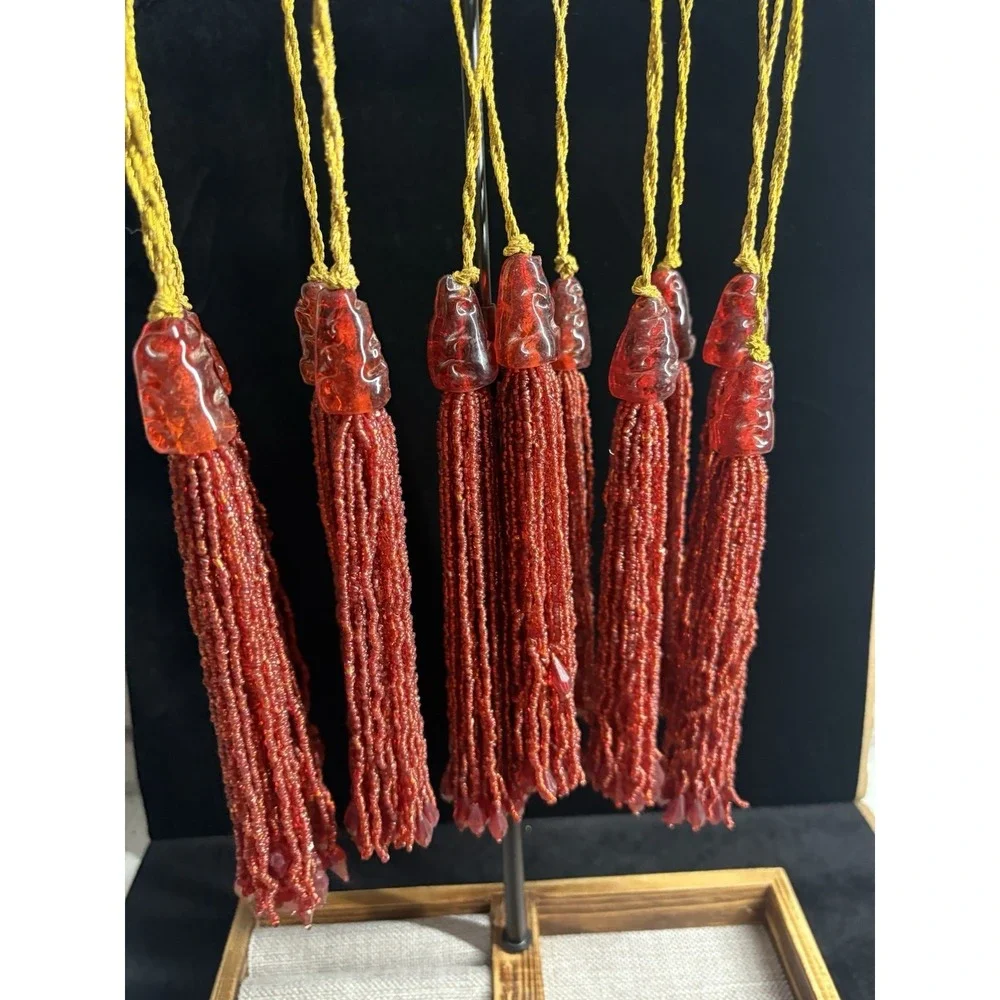 Lot Of 12 Red Glass Bead Tassel Ornaments Vintage Christmas Gold String